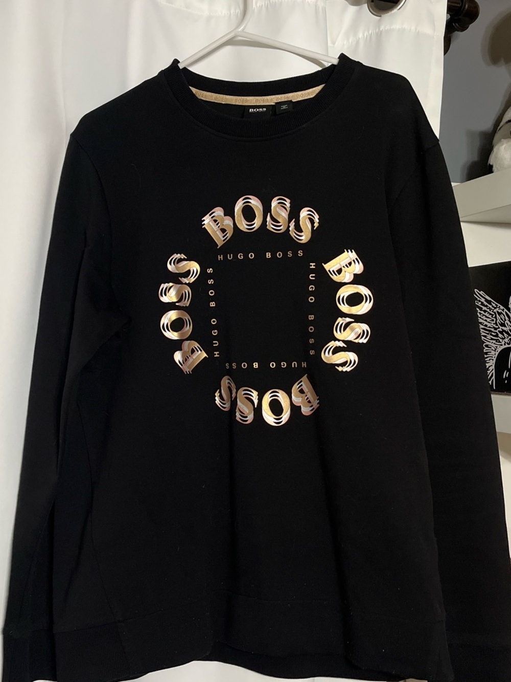 Boss Black Crewneck Sweater with Metallic Gold Logo Ring